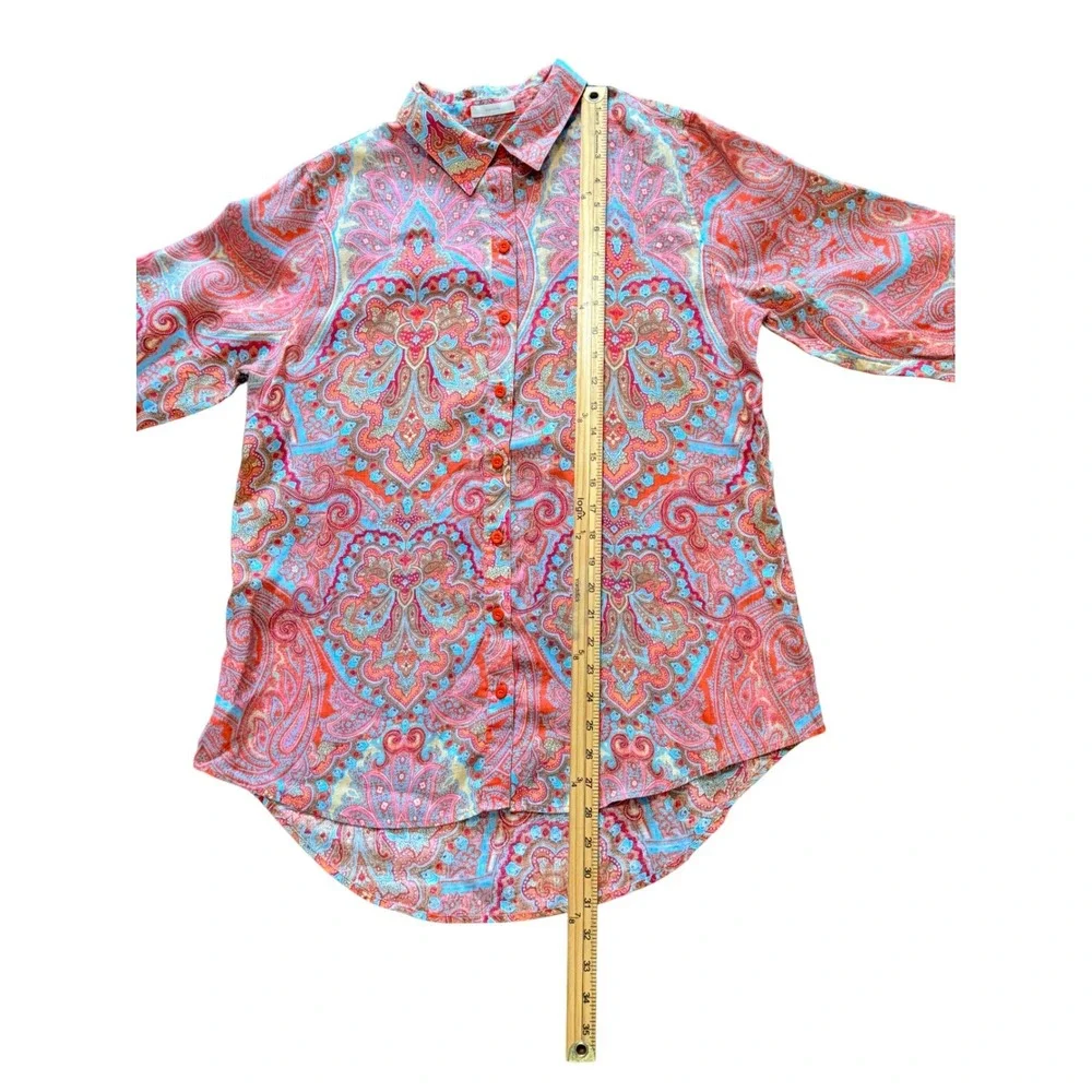 Chicos No Iron Linen Paisley Button Down Shirt Orange Blue Size 1 Medium